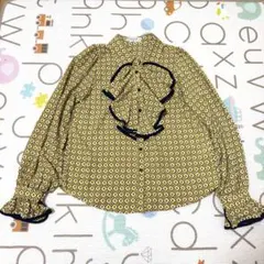 【美品】フリルブラウス レトロ 幾何学模様 変わり袖　黄色 Mサイズ