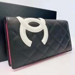 シャネル カンボンライン ロングウォレット ココマーク ブラックxピンク 長財布