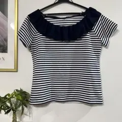 ボーダー柄 フリルネック 半袖 Tシャツのサムネイル