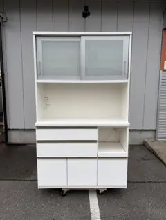 定価数十万♪ 大川家具 140cm幅キッチンボード 食器棚 艶あり木目調ホワイト 定価数十万♪ 大川家具 140cm幅キッチンボード 食器棚 艶あり木目調