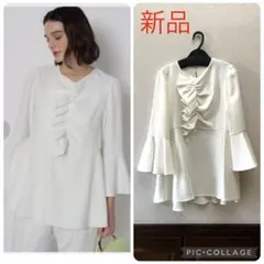 美品 cygne フロントスリットバルーンギャザーブラウス ホワイトhenri 