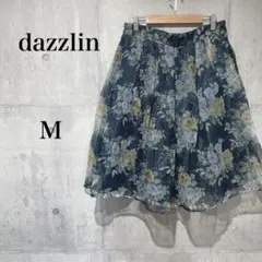 ダズリン フレア スカート ロング オーガンジー 花柄 タック S ネイビー