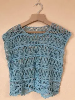 青色 かぎ針編み ベスト
