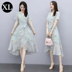 花柄 ワンピース レディース シフォン ロング マキシ 半袖 ベルト紐 調整可能