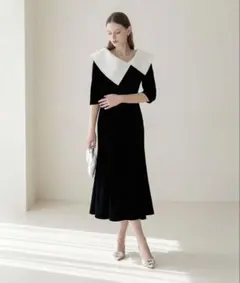 Leja アシンメトリービッグカラーベロアマーメイドシルエットドレスワンピース