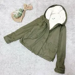 A3365◆オリーブ色モッズコート/フード（M）肌触りの良いボア裏地/レディース