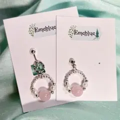 天然石ローズクォーツフープイヤリング E.1ピアス ハンドメイド Emeblue