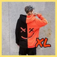 ブラック×オレンジ　バイカラー パーカー　オーバーサイズ　人気　ストリート　韓国