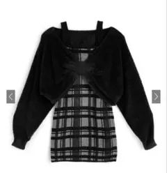 リボンシャギトップス✕チェック柄キャミソールワンピースニットセットan1705