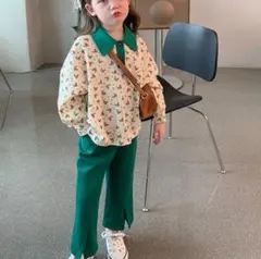 【限定１着】120 韓国子供服 セットアップ 小花柄 グリーン 襟付きトップス