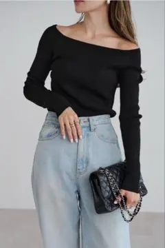 【新品】BONJOUR SAGAN スクエアネック長袖リブニット　ブラック