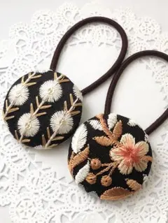 【No.95】インド刺繍 くるみボタン38㎜ ヘアゴム 2個セット