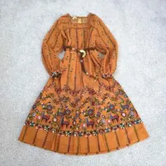 北欧風 ロングワンピース オレンジ M Aライン アニマル 花柄 森ガール