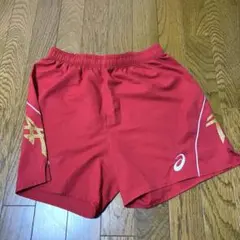 ASICS レッドパンツ サイド金色デザイン