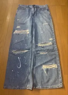 ユニクロリメイクダメージ加工ライトブルーデニムパンツ y2k