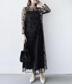 kaene フロッキー ベロアレース × サテン 2WAY ワンピース