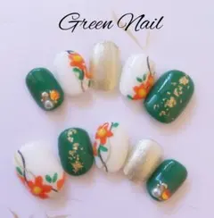成人式♡和柄ネイルチップ【緑 オレンジ 橙 振袖 振り袖 結婚式 お呼ばれ】