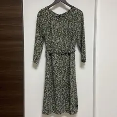 【美品】ローラアシュレイ 小花柄 ワンピース 七分袖 ウエストリボン グリーン