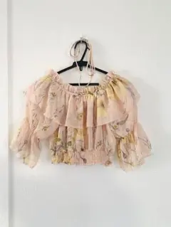 H&M フラワー シアー オフショル フリル トップス オレンジ ピンク