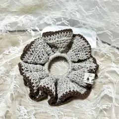 コットンシュシュ ベージュ×ブラウン 編み物 ヘアゴム ハンドメイド
