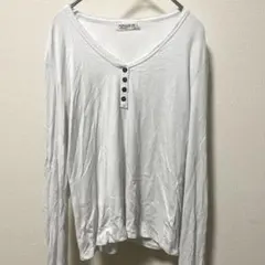 POPULAR 21 【L】ホワイト Vネック 長袖 リブTシャツ USA古着