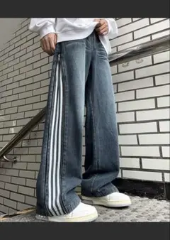 サイドジップ トラックデニムパンツ　ブルー