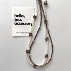 ブラウン&ゴールド　花モチーフビーズネックレス　淡め　韓国　チョーカー風