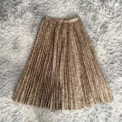 プリーツスカート　ロング　ミモレ　Ａライン　フレア　総柄　裏地付　ブラウン(M)