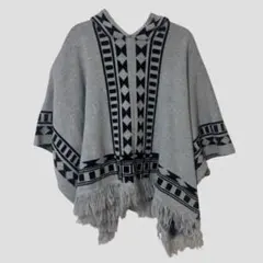 AZUL 幾何学模様 フリンジ付きポンチョ