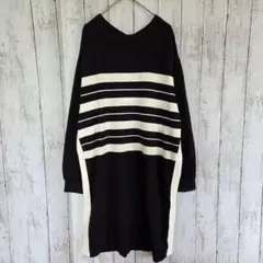 ２WAY切り替えニットワンピース　長袖　ボーダー　Ｌ　サイドスリット　紺×白