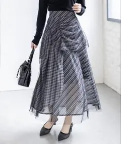 【新品】clear シャーリングアシンメトリーチェック柄チュールスカート