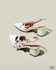 ホワイト ポインテッドトゥ ミュール 中ヒール