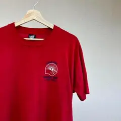 90s USA製 赤 ワンポイント プリントTシャツ 企業ロゴ vintage