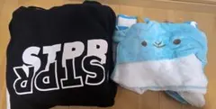 STPR ゆったりパーカー ブラック、ころんアニマルフード付きタオル