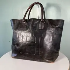 大容量【HIROFU】トートバッグ　ロゴ型押し　レザー　ダークブラウンのサムネイル
