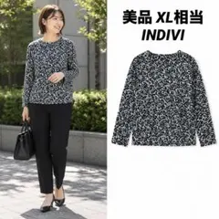【美品】INDIVI 花柄ブラウス 総柄 長袖 Vネック ブラック XL相当のサムネイル