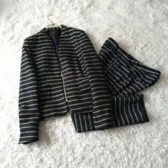ザラZARA ノーカラージップニットボーダー パンツセットアップ S ネイビー