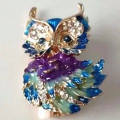 フクロウブローチ 青紫エナメル