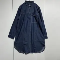 ダークデニム 長袖ひざ丈ワンピース　Mサイズ コットン100%