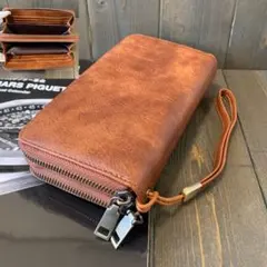 E2■高級 ムラ染め イタリアンレザー 本革 ダブルラウンドファスナー 財布■茶