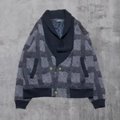 vintage カーディガン ニット メンズ M ウール 裏地付 チェック柄