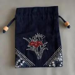 刺し子と絞りの巾着袋