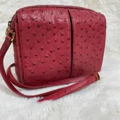 オーストリッチ ショルダーバッグ ゴールド金具 本革 レッド エキゾチックレザー