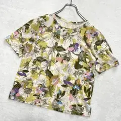 Natral◇花柄　Tシャツ　半袖　ボタニカル柄　リネン混　イエロー　大人上品