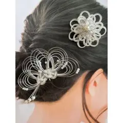 《セットでお得》和装　髪飾り　水引アクセサリー　2点セット　シルバー×ホワイト