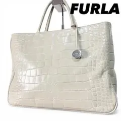 FURLA トートバッグ クロコ型押し レザー 大容量 アイボリー