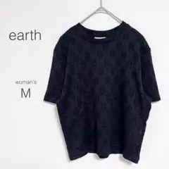 【アース】総レースカットソー【M】花柄 伸縮性 半袖 夏 薄手 黒 美品 重ね着