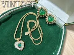 ヴィンテージ グリーン ガラス ハート イヤリング ネックレス セット