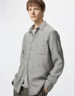 UNIQLO ストライプ プレミアムリネンシャツ 長袖 グリーン　Lのサムネイル