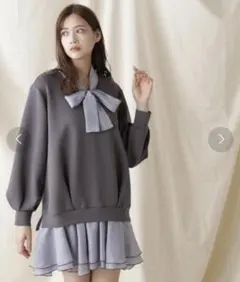 JILL by JILLSTUARTボウタイ付裾フレアワンピース ブルー×グレー